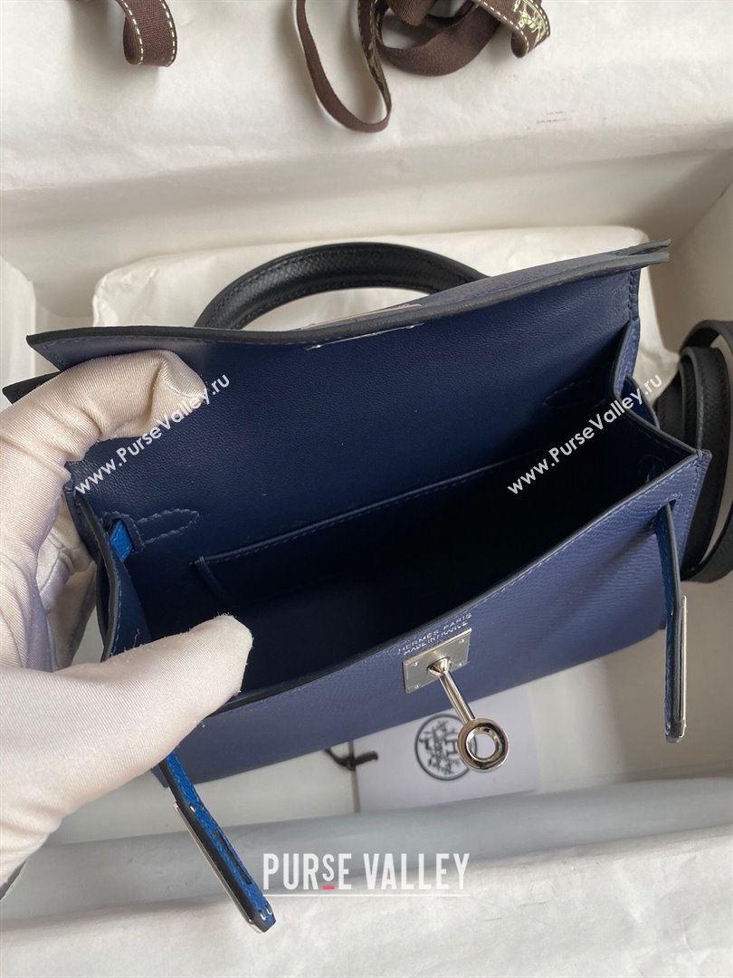 Hermes Mini Kelly II Bag 19cm in Original Epsom Leather Blue/Black/Silver 2024 (Full Handmade) (XYA-24030523)