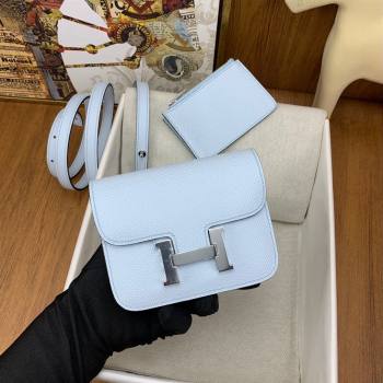 Hermes Constance Slim Wallet with Leather Strap in Epsom Leather Haze Blue/Silver 2024(Handmade) (XYA-24080114)