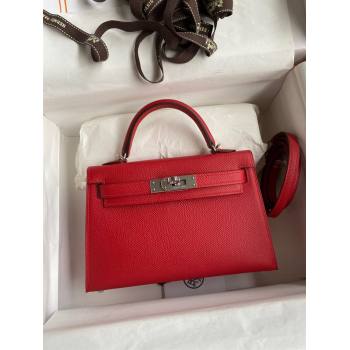 Hermes Mini Kelly II Bag 19cm in Original Epsom Leather Red/Silver 2024 (Full Handmade) (XYA-24030522)