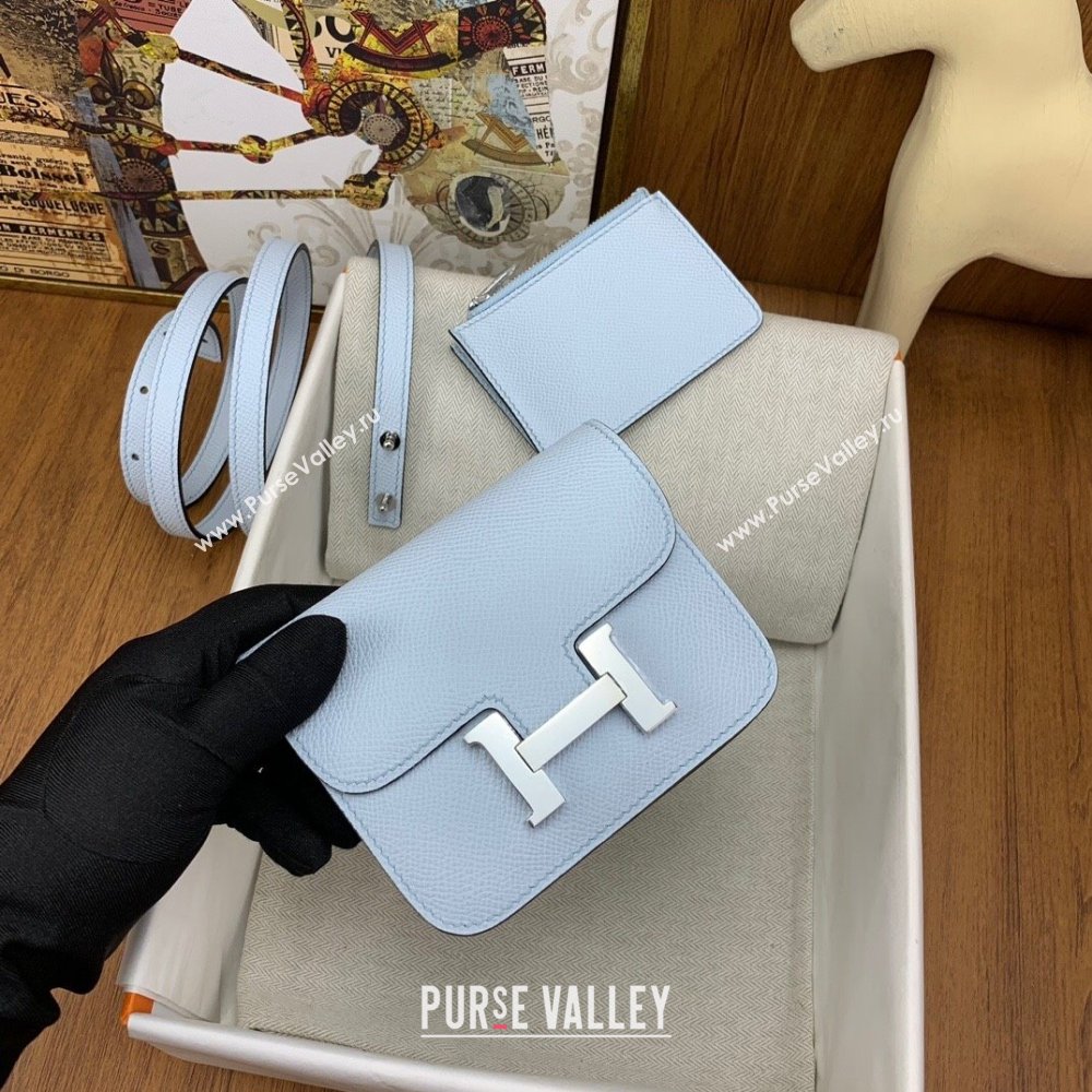 Hermes Constance Slim Wallet with Leather Strap in Epsom Leather Haze Blue/Silver 2024(Handmade) (XYA-24080114)