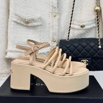 Chanel Calfskin Leather Heel Platform Sandals Beige 2024 0223 (MD-240223087)