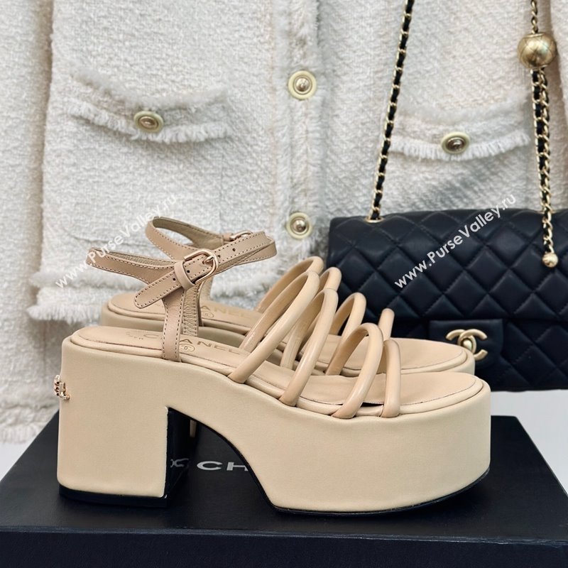 Chanel Calfskin Leather Heel Platform Sandals Beige 2024 0223 (MD-240223087)