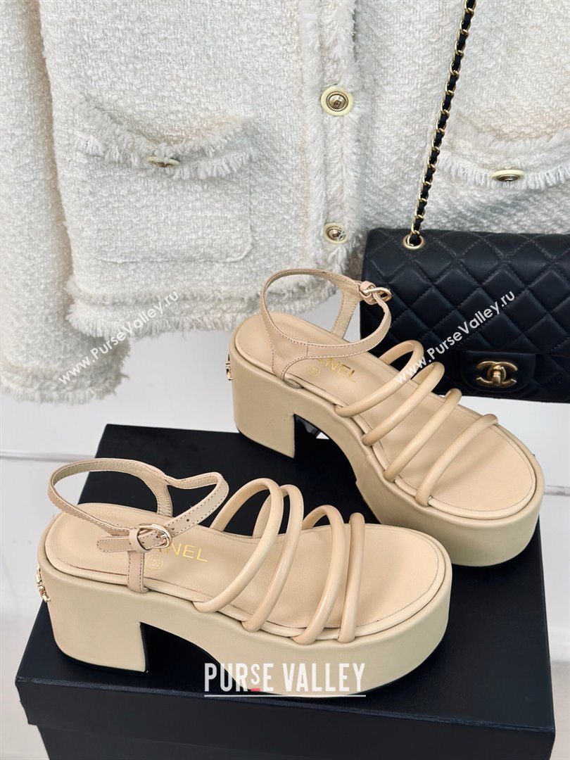 Chanel Calfskin Leather Heel Platform Sandals Beige 2024 0223 (MD-240223087)