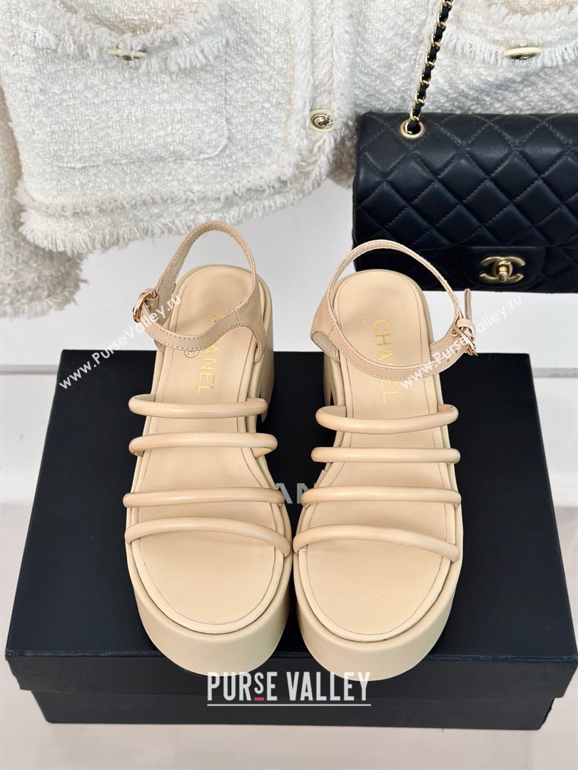 Chanel Calfskin Leather Heel Platform Sandals Beige 2024 0223 (MD-240223087)