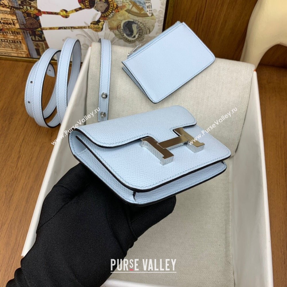 Hermes Constance Slim Wallet with Leather Strap in Epsom Leather Haze Blue/Silver 2024(Handmade) (XYA-24080114)