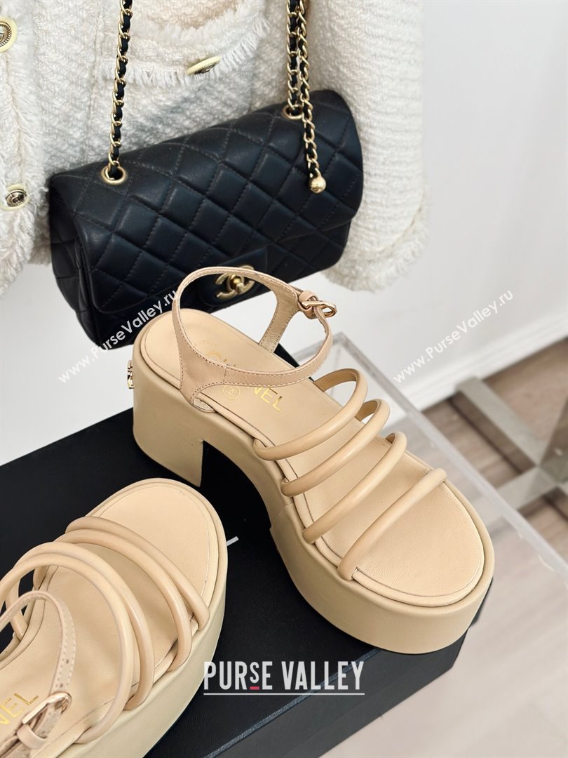 Chanel Calfskin Leather Heel Platform Sandals Beige 2024 0223 (MD-240223087)