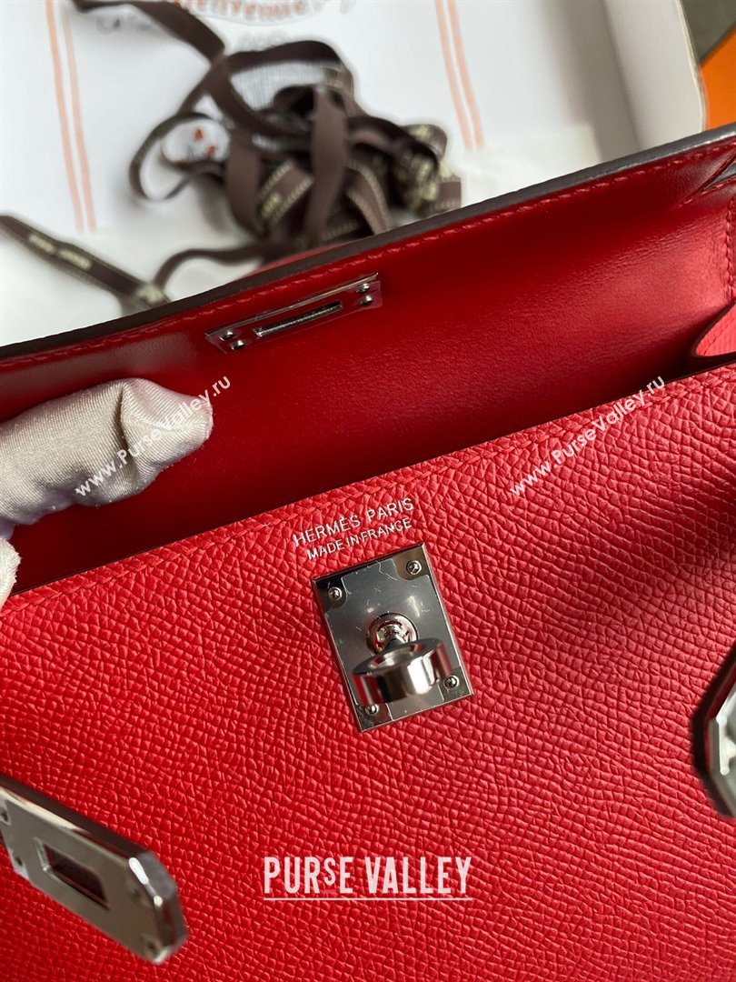 Hermes Mini Kelly II Bag 19cm in Original Epsom Leather Red/Silver 2024 (Full Handmade) (XYA-24030522)