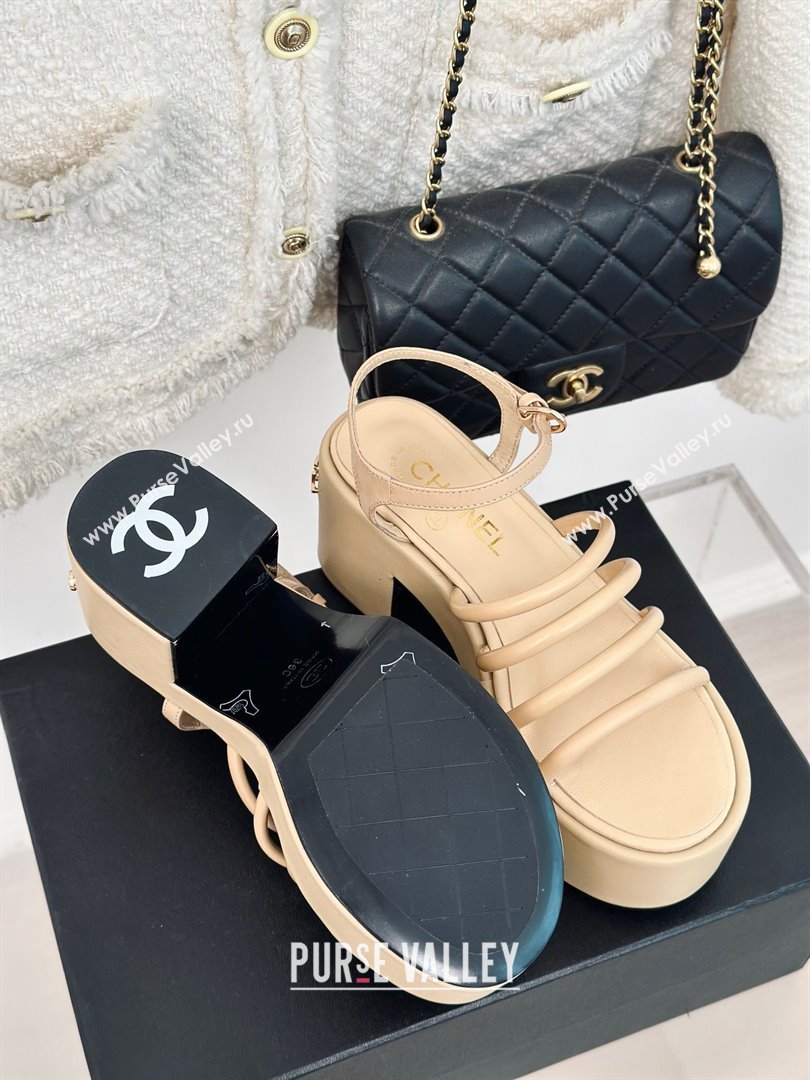 Chanel Calfskin Leather Heel Platform Sandals Beige 2024 0223 (MD-240223087)