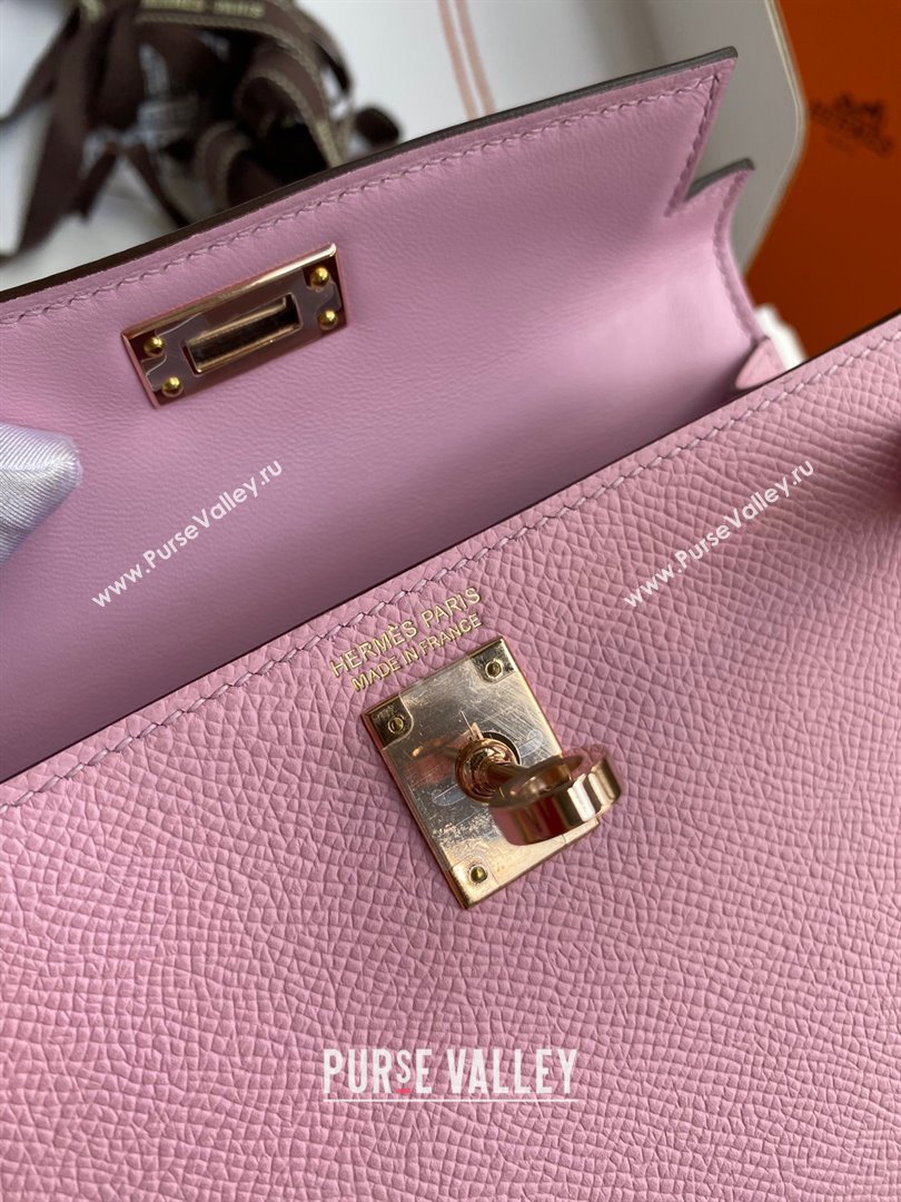 Hermes Mini Kelly II Bag 19cm in Original Epsom Leather Mallow Purple/Rosy Gold 2024 (Full Handmade) (XYA-24030524)