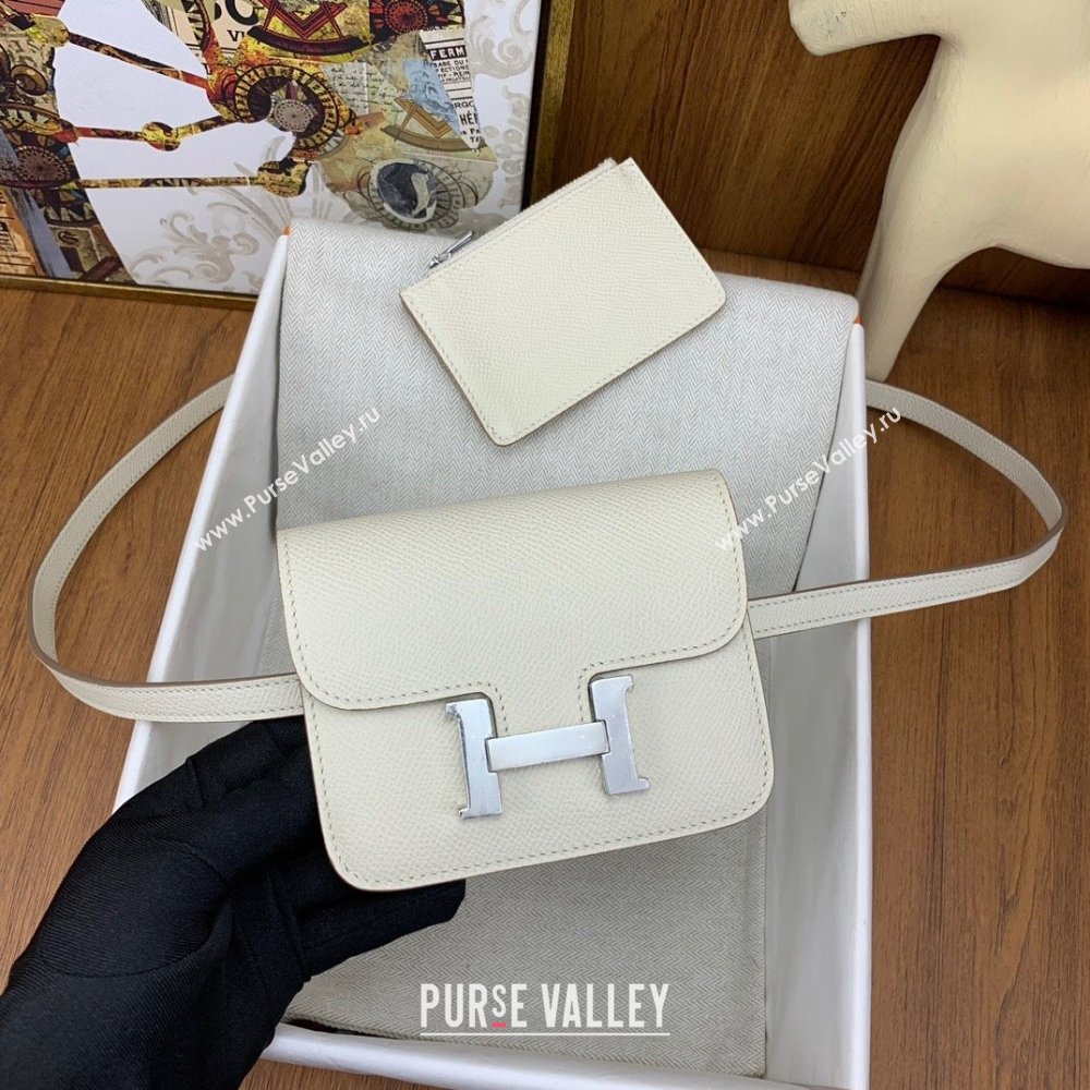 Hermes Constance Slim Wallet with Leather Strap in Epsom Leather Milkshake White/Silver 2024(Handmade) (XYA-24080119)