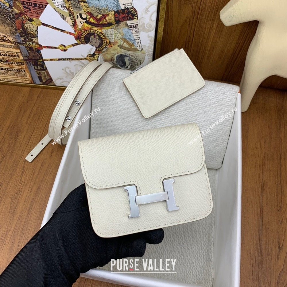 Hermes Constance Slim Wallet with Leather Strap in Epsom Leather Milkshake White/Silver 2024(Handmade) (XYA-24080119)