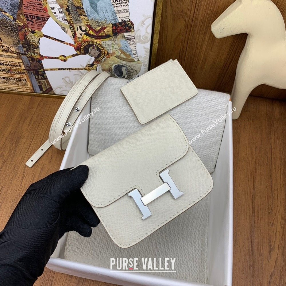 Hermes Constance Slim Wallet with Leather Strap in Epsom Leather Milkshake White/Silver 2024(Handmade) (XYA-24080119)