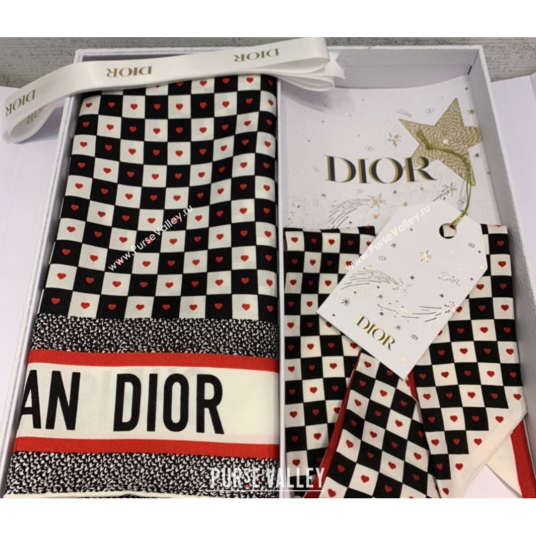 Dior Square Scarf in D-Chess Heart Silk 90x90cm Black/White/Red 2021 (WNS-21081713)