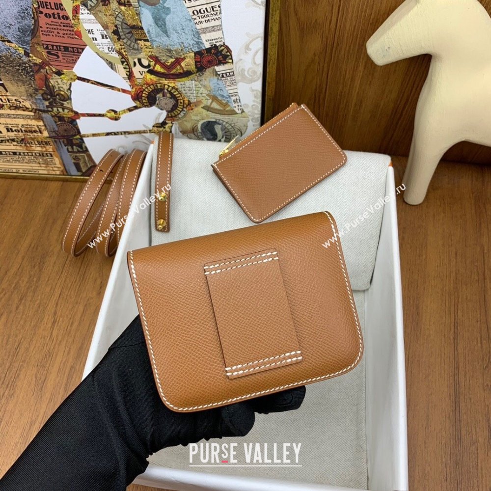 Hermes Constance Slim Wallet with Leather Strap in Epsom Leather Brown/Gold 2024(Handmade) (XYA-24080120)