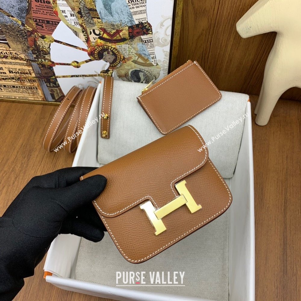 Hermes Constance Slim Wallet with Leather Strap in Epsom Leather Brown/Gold 2024(Handmade) (XYA-24080120)