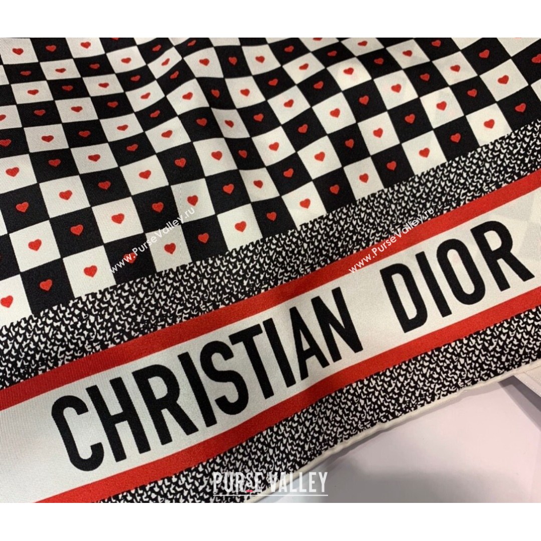Dior Square Scarf in D-Chess Heart Silk 90x90cm Black/White/Red 2021 (WNS-21081713)