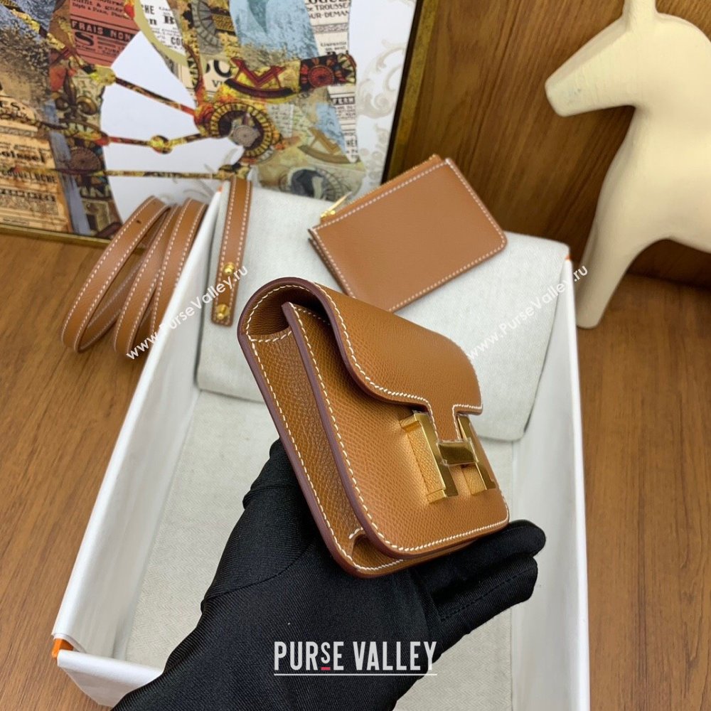 Hermes Constance Slim Wallet with Leather Strap in Epsom Leather Brown/Gold 2024(Handmade) (XYA-24080120)