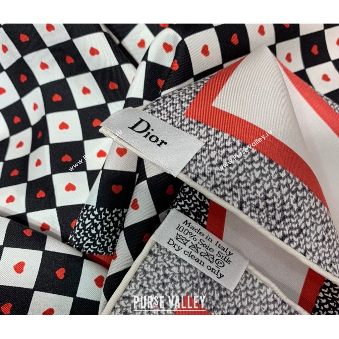 Dior Square Scarf in D-Chess Heart Silk 90x90cm Black/White/Red 2021 (WNS-21081713)
