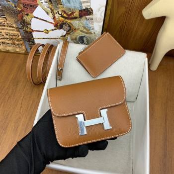 Hermes Constance Slim Wallet with Leather Strap in Epsom Leather Brown/Silver 2024(Handmade) (XYA-24080121)