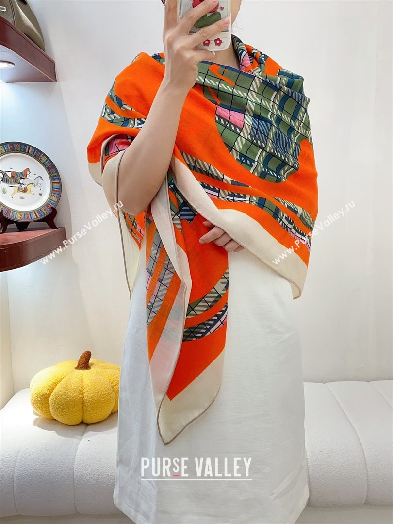 Hermes Cashmere Silk Sqaure Shawl Scarf 140cm H111811 Orange/Green 2023 (A-23111811)