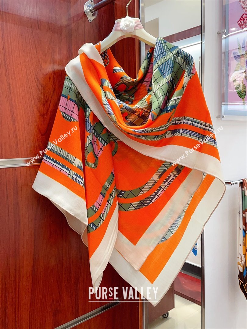 Hermes Cashmere Silk Sqaure Shawl Scarf 140cm H111811 Orange/Green 2023 (A-23111811)