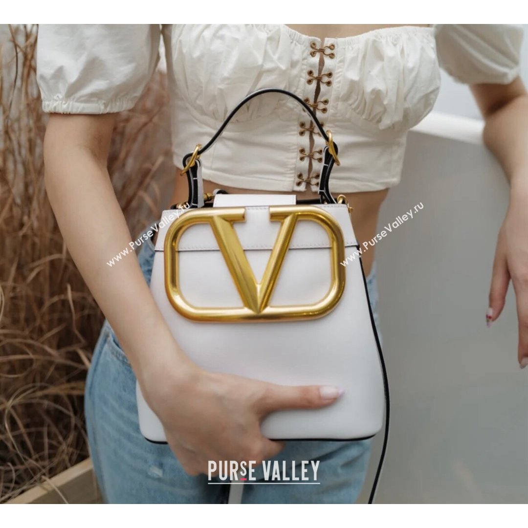 Valentino Supervee Calfskin Bucket Bag with Maxi VLogo White 2021 1122 (JD-21090933)