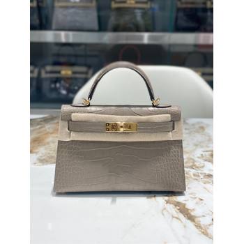 Hermes Mini Kelly II Bag 19cm in Crocodile Leather Grey/Gold 2024 (Full Handmade) (XY-24030534)