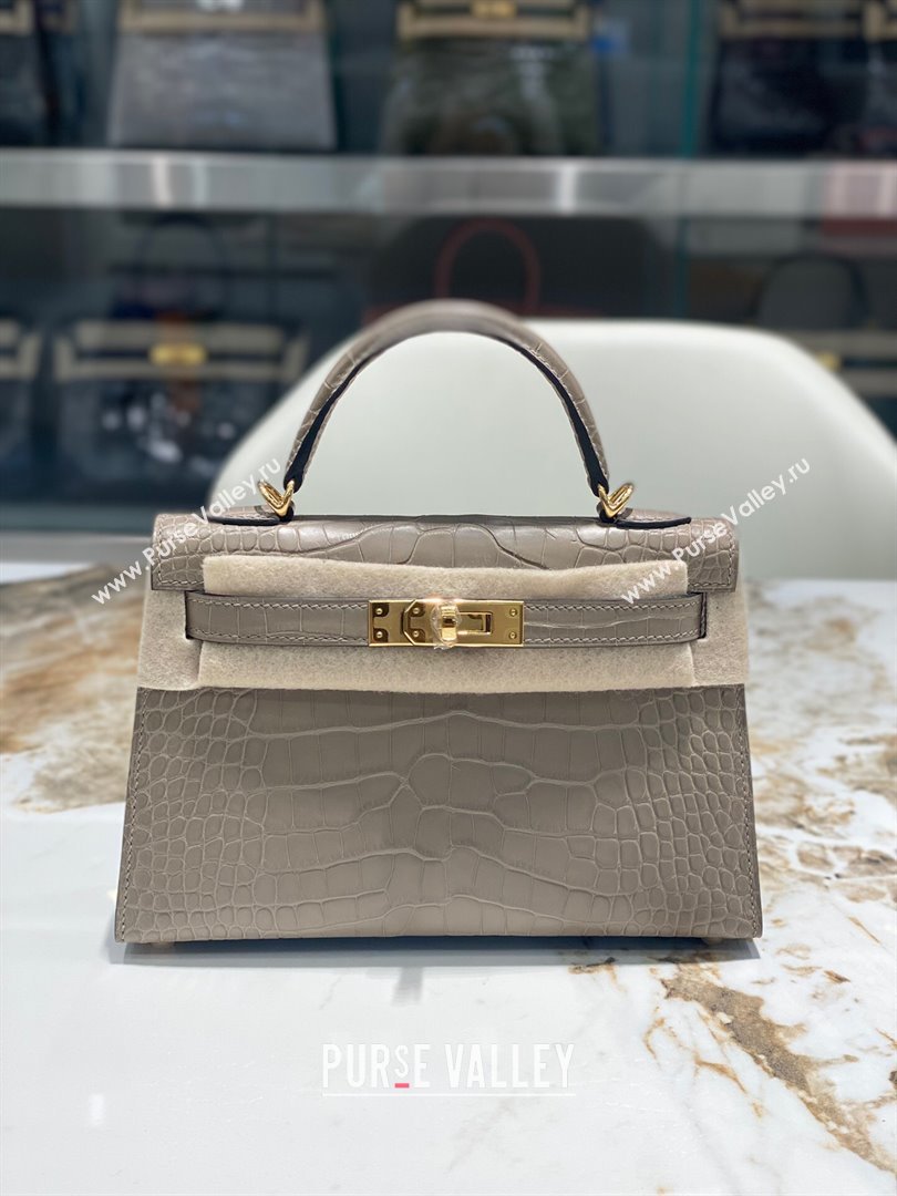 Hermes Mini Kelly II Bag 19cm in Crocodile Leather Grey/Gold 2024 (Full Handmade) (XY-24030534)