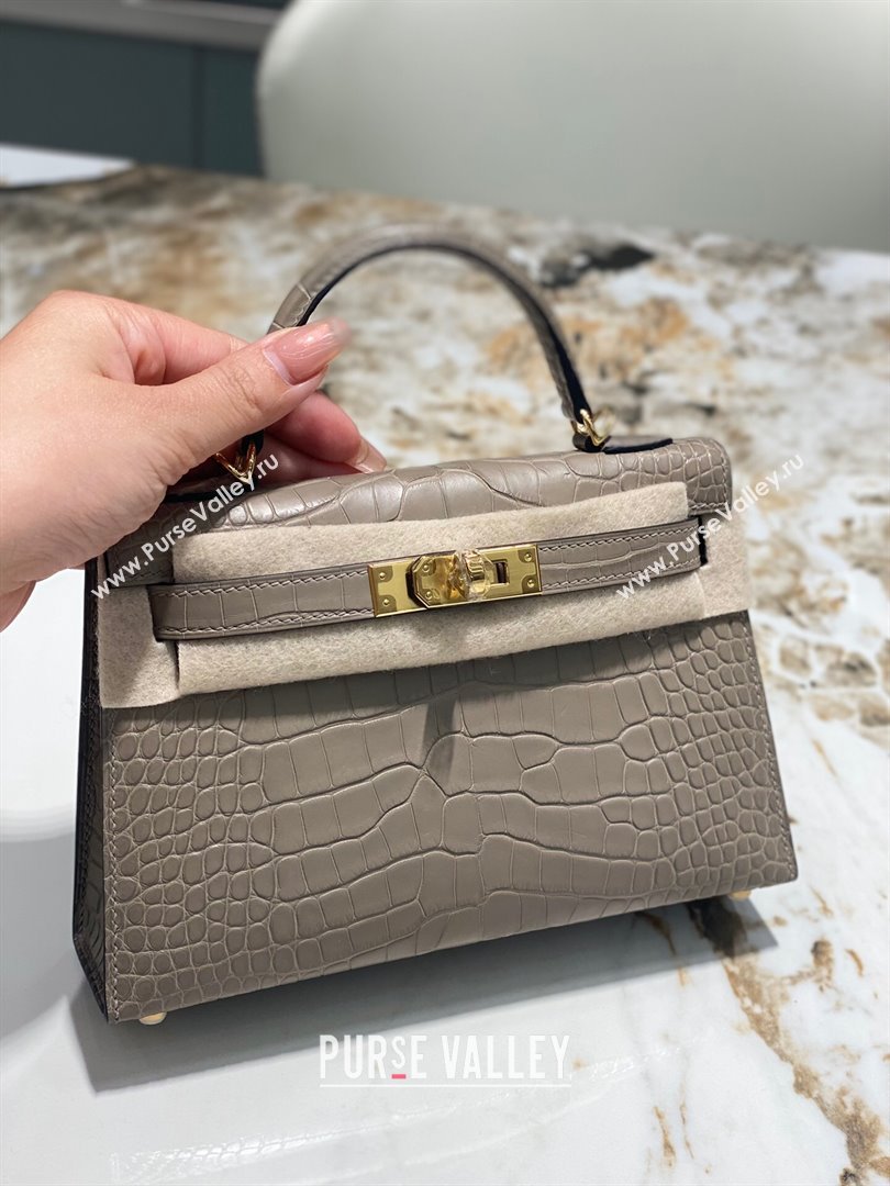 Hermes Mini Kelly II Bag 19cm in Crocodile Leather Grey/Gold 2024 (Full Handmade) (XY-24030534)