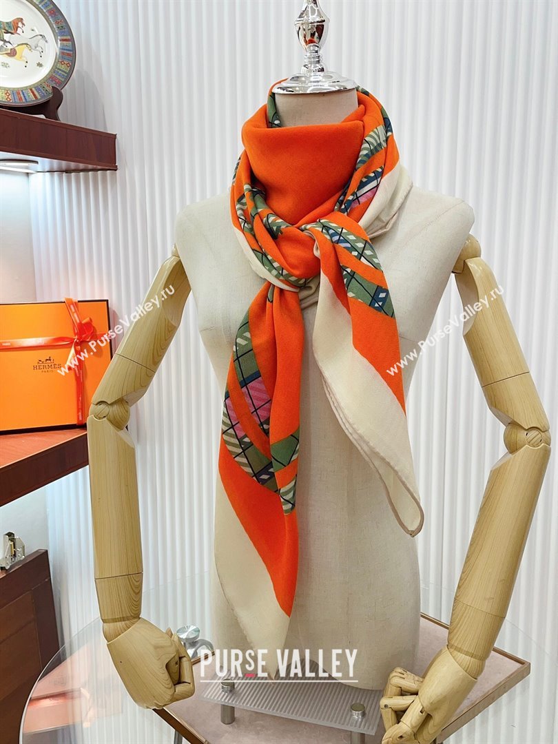 Hermes Cashmere Silk Sqaure Shawl Scarf 140cm H111811 Orange/Green 2023 (A-23111811)