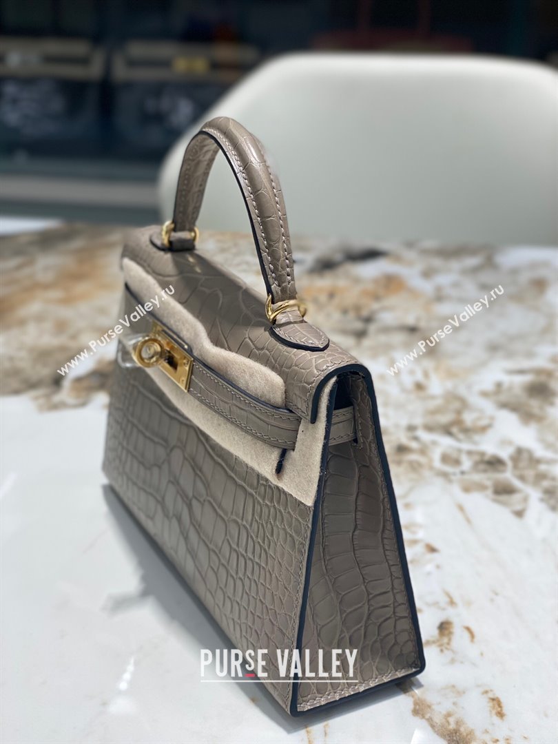 Hermes Mini Kelly II Bag 19cm in Crocodile Leather Grey/Gold 2024 (Full Handmade) (XY-24030534)