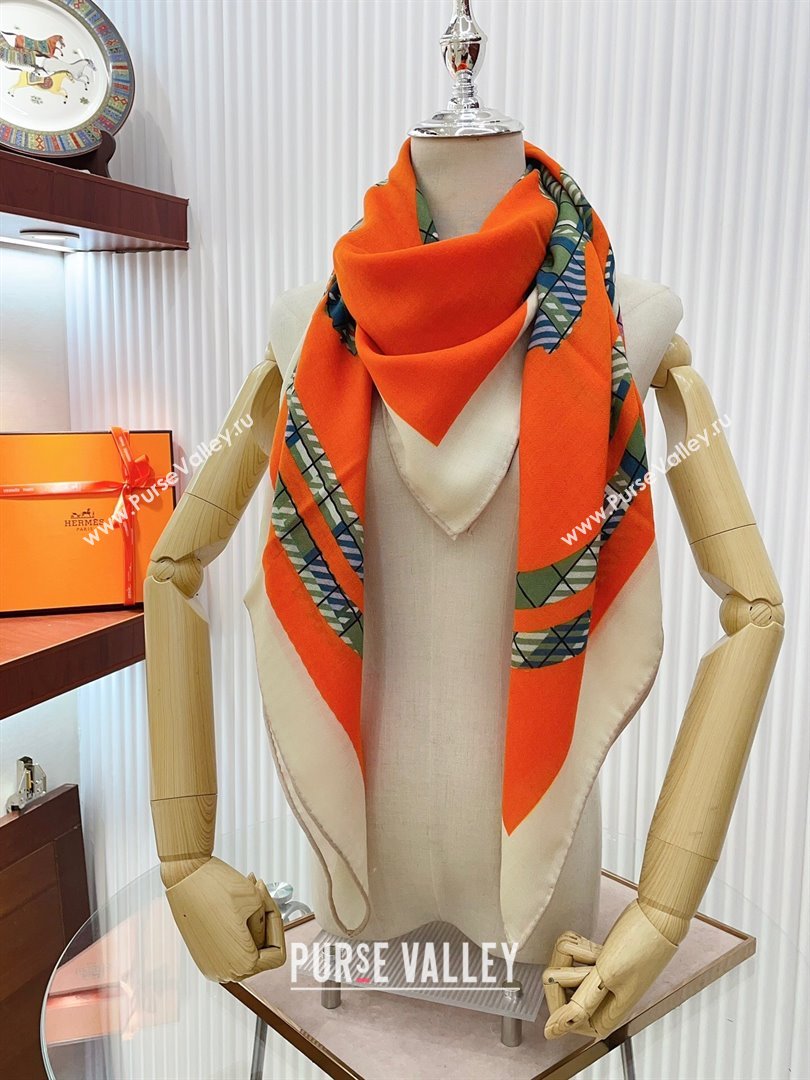 Hermes Cashmere Silk Sqaure Shawl Scarf 140cm H111811 Orange/Green 2023 (A-23111811)