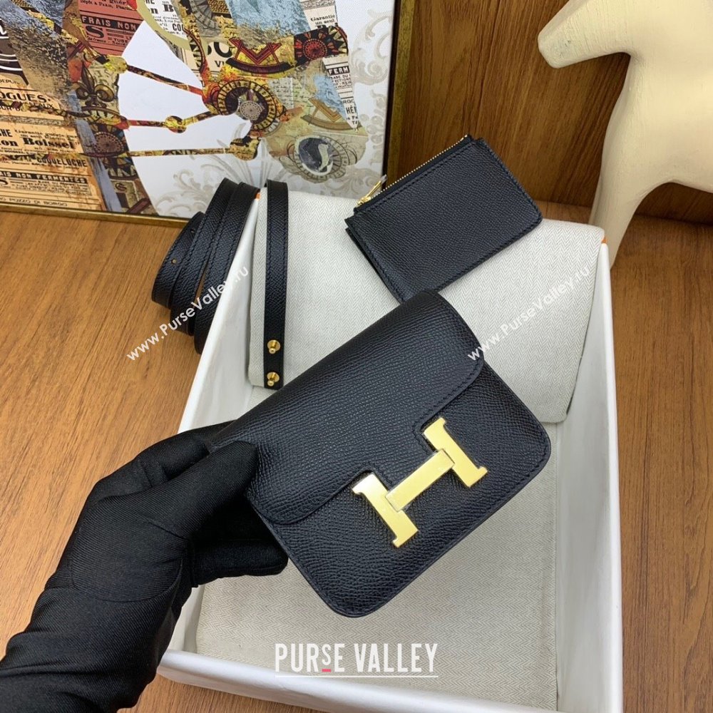 Hermes Constance Slim Wallet with Leather Strap in Epsom Leather Black/Gold 2024(Handmade) (XYA-24080123)