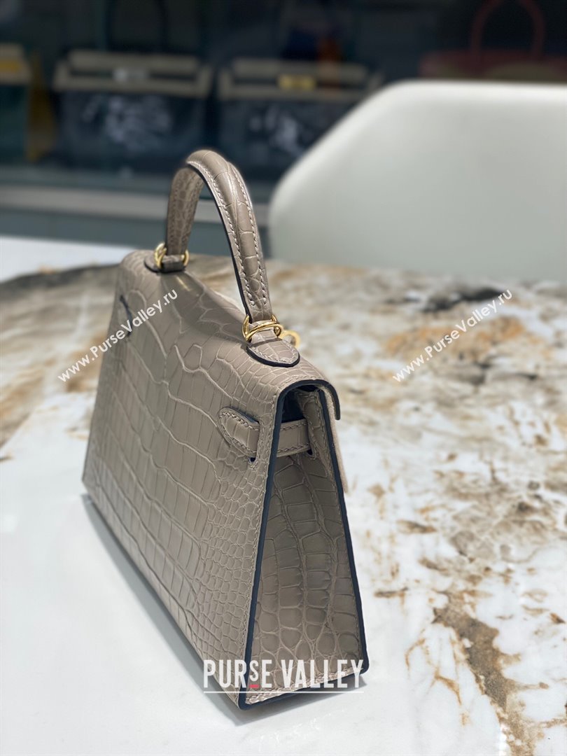 Hermes Mini Kelly II Bag 19cm in Crocodile Leather Grey/Gold 2024 (Full Handmade) (XY-24030534)