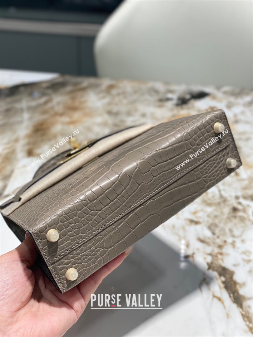 Hermes Mini Kelly II Bag 19cm in Crocodile Leather Grey/Gold 2024 (Full Handmade) (XY-24030534)