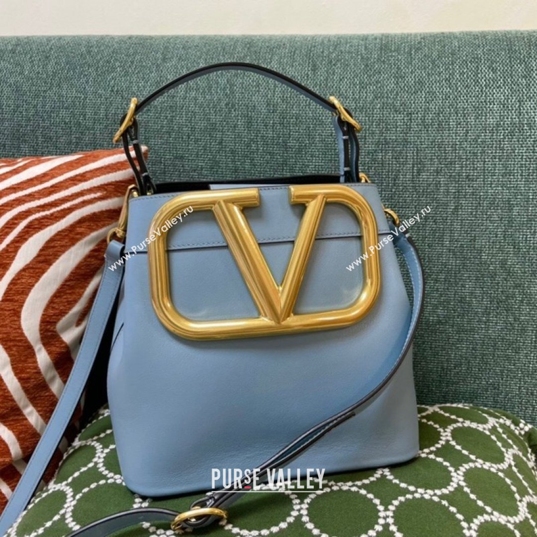 Valentino Supervee Calfskin Bucket Bag with Maxi VLogo Blue 2021 1122 (JD-21090935)