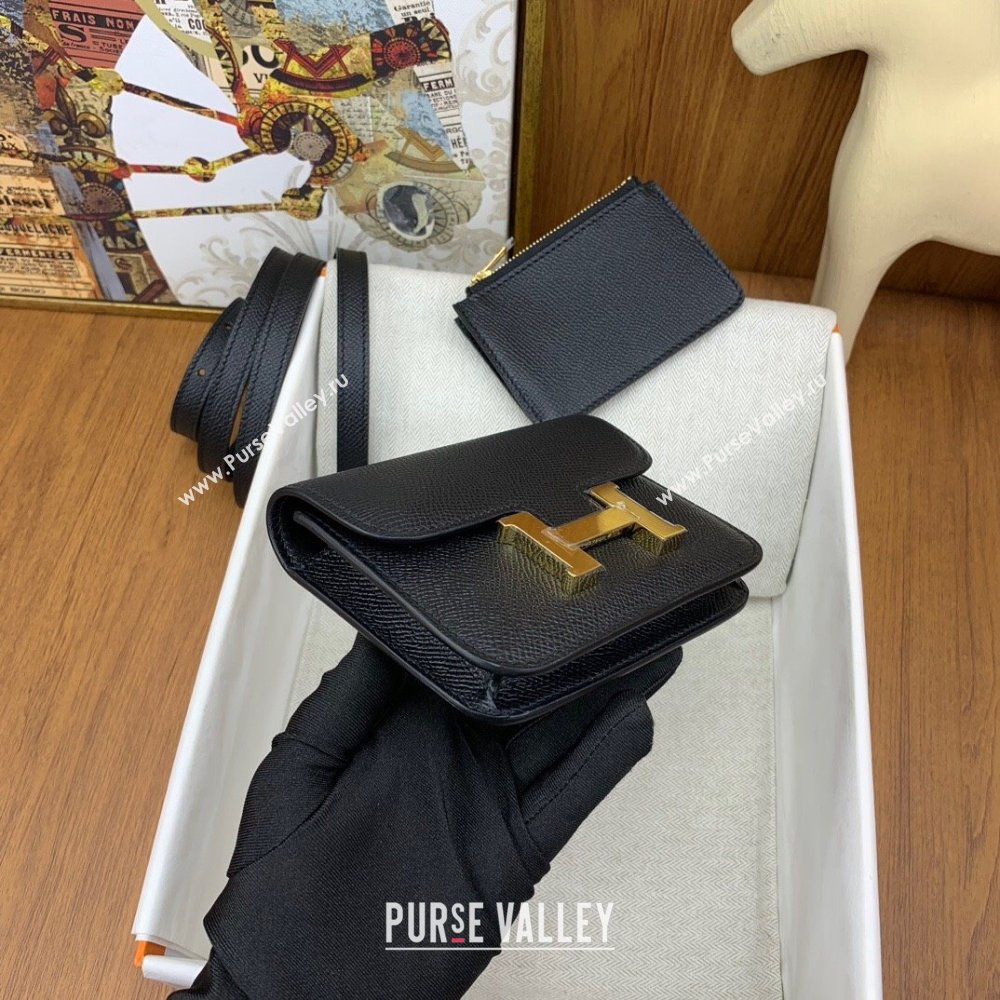 Hermes Constance Slim Wallet with Leather Strap in Epsom Leather Black/Gold 2024(Handmade) (XYA-24080123)