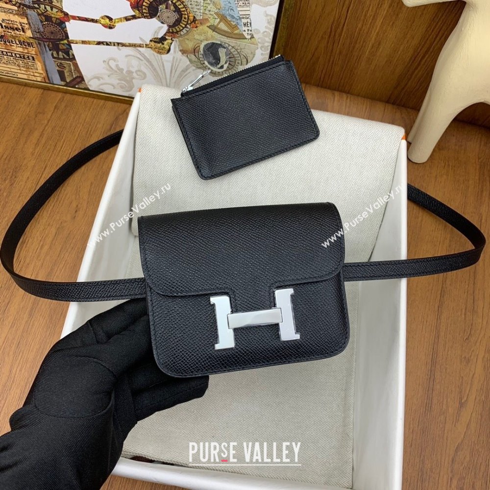 Hermes Constance Slim Wallet with Leather Strap in Epsom Leather Black/Silver 2024(Handmade) (XYA-24080125)