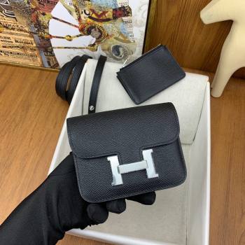 Hermes Constance Slim Wallet with Leather Strap in Epsom Leather Black/Silver 2024(Handmade) (XYA-24080125)