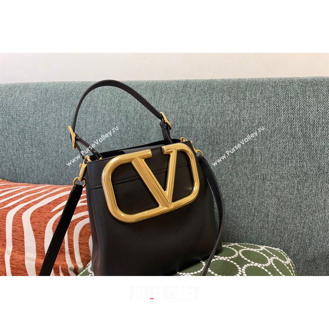 Valentino Supervee Calfskin Bucket Bag with Maxi VLogo Black 2021 1122 (JD-21090934)