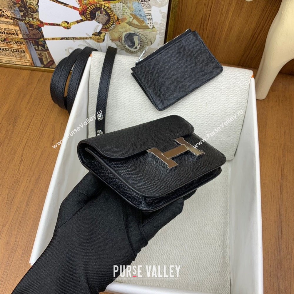 Hermes Constance Slim Wallet with Leather Strap in Epsom Leather Black/Silver 2024(Handmade) (XYA-24080125)