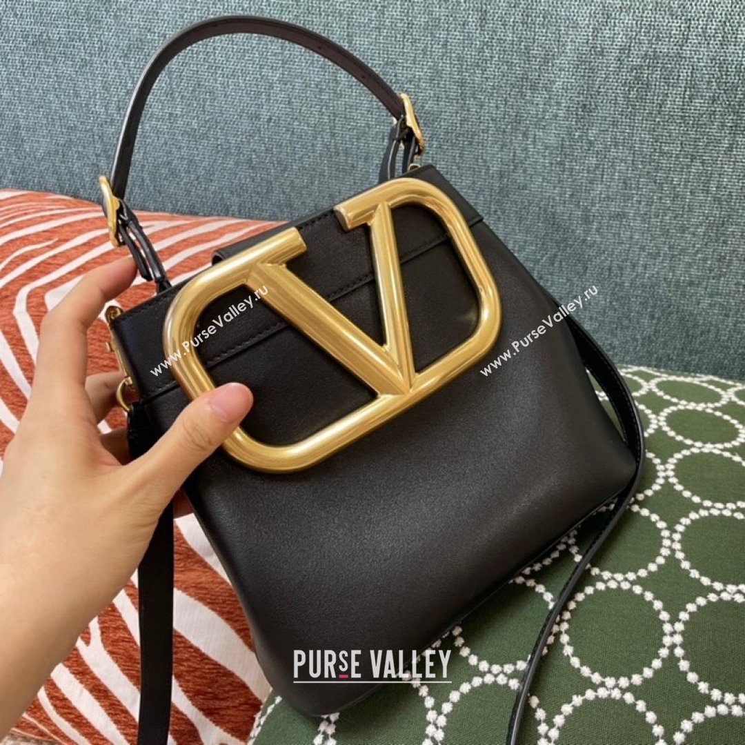 Valentino Supervee Calfskin Bucket Bag with Maxi VLogo Black 2021 1122 (JD-21090934)