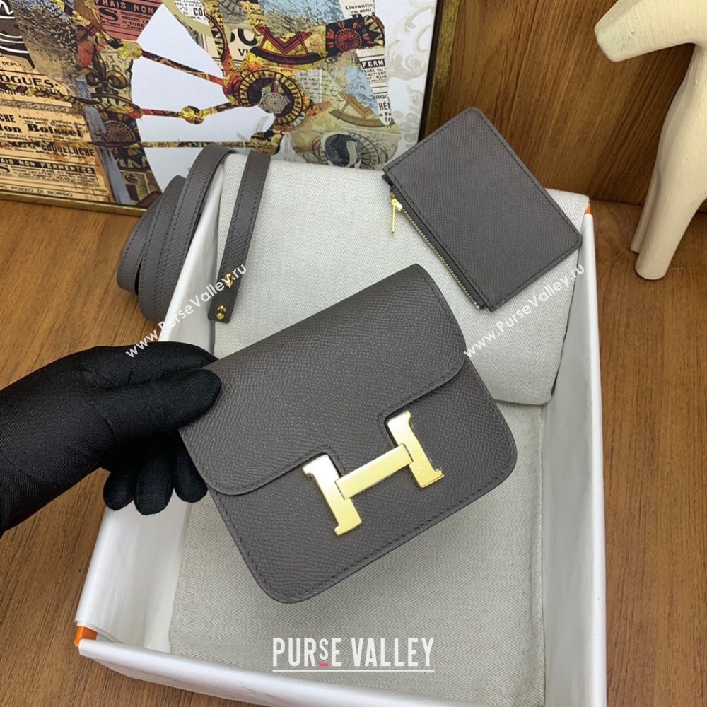 Hermes Constance Slim Wallet with Leather Strap in Epsom Leather Tinware Grey/Gold 2024(Handmade) (XYA-24080126)