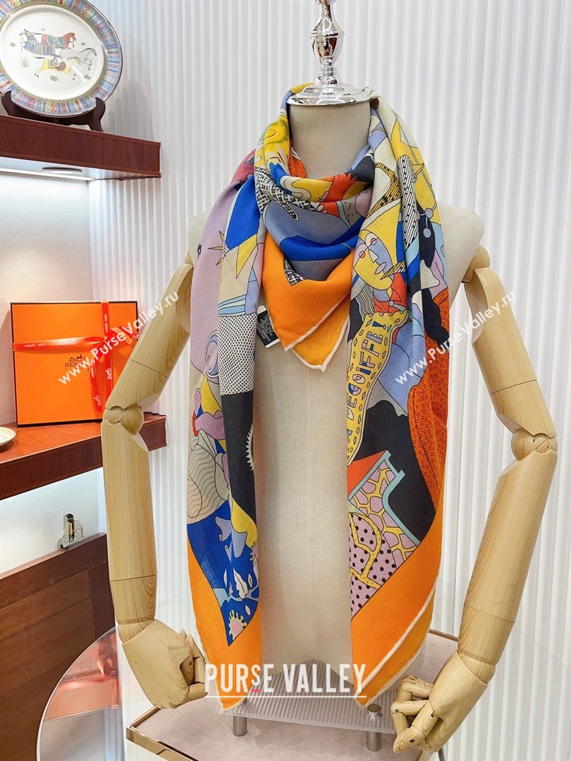 Hermes Cashmere Silk Sqaure Shawl Scarf 140cm H111814 Orange 2023 (A-23111814)