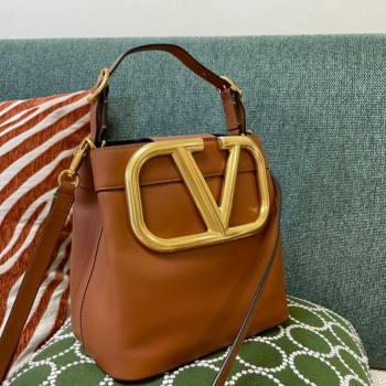 Valentino Supervee Calfskin Bucket Bag with Maxi VLogo Brown 2021 1122 (JD-21090937)