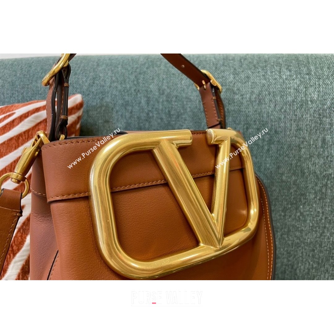 Valentino Supervee Calfskin Bucket Bag with Maxi VLogo Brown 2021 1122 (JD-21090937)