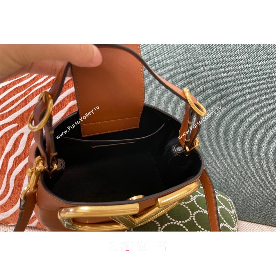 Valentino Supervee Calfskin Bucket Bag with Maxi VLogo Brown 2021 1122 (JD-21090937)