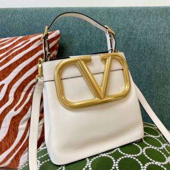 Valentino Supervee Calfskin Bucket Bag with Maxi VLogo White 2021 1122 (JD-21090933)