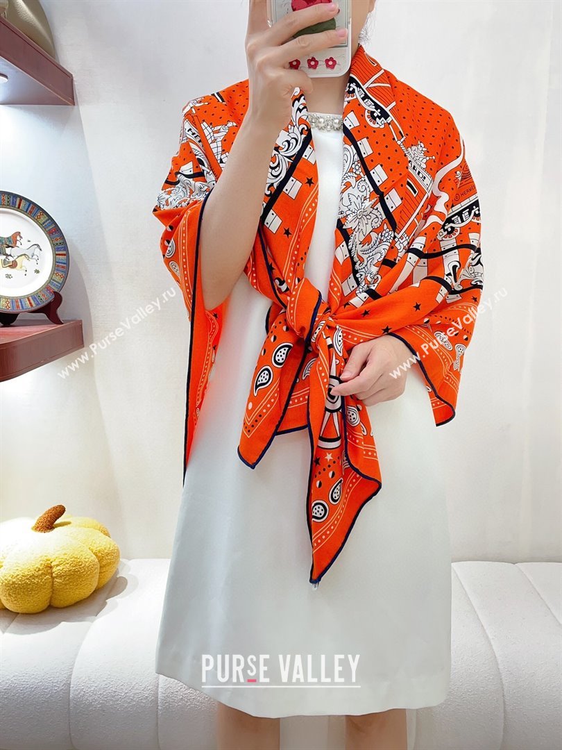 Hermes Cashmere Silk All Aboard！Sqaure Shawl Scarf 140cm H111820 Orange 2023 (A-23111820)