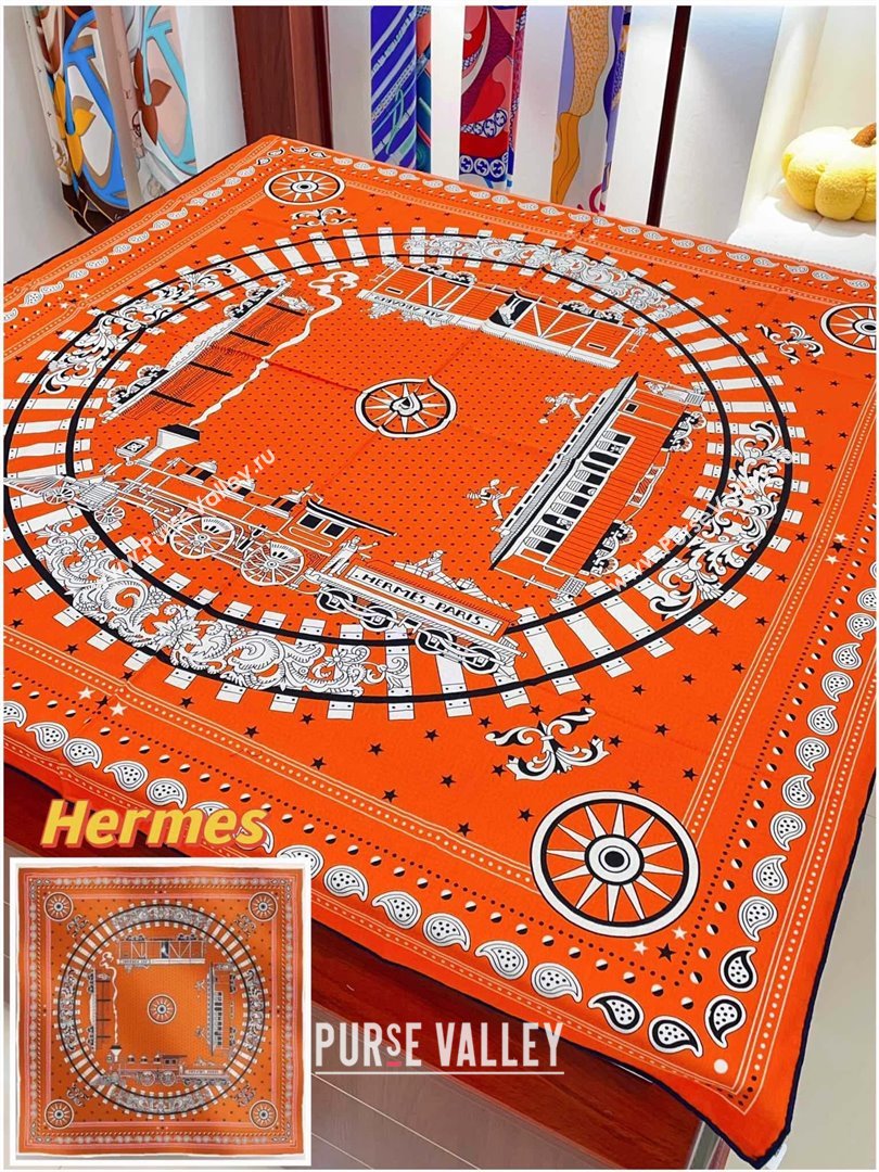 Hermes Cashmere Silk All Aboard！Sqaure Shawl Scarf 140cm H111820 Orange 2023 (A-23111820)